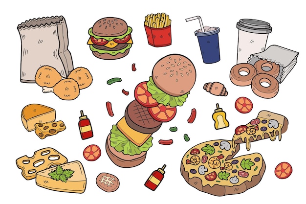 Vektor handgezeichnete fast-food-kollektion in flacher illustration für geschäftsideen