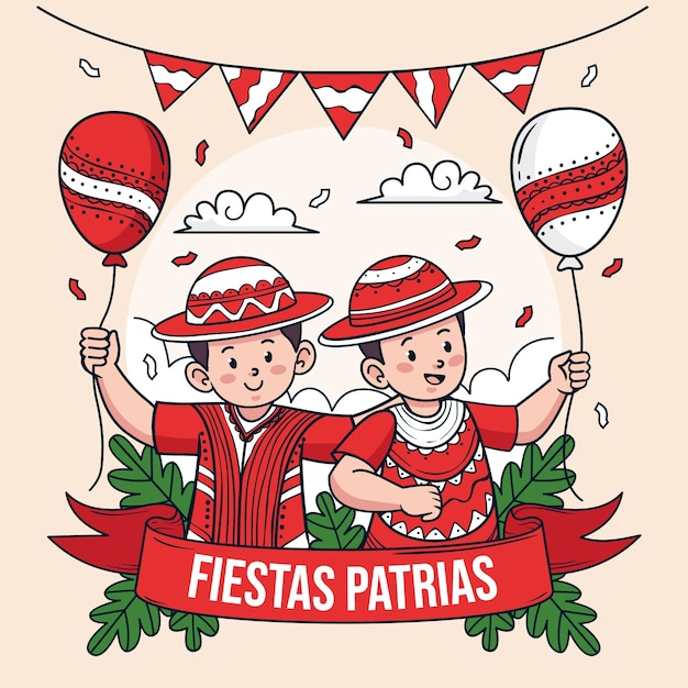 Handgezeichnete fiestas patrias illustration mit menschen, die luftballons halten