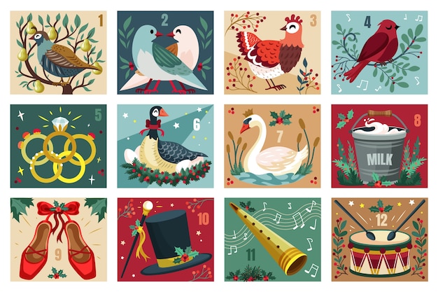 Handgezeichnete flache 12 Tage Weihnachtsillustration