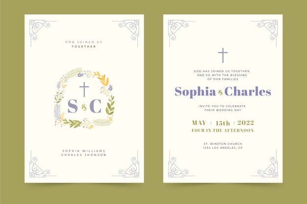 Handgezeichnete flache Design-Religions-Hochzeitseinladungen