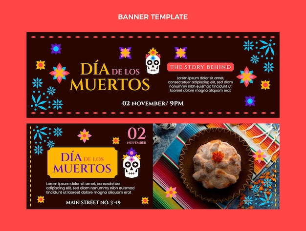 Vektor handgezeichnete flache dia de muertos horizontale banner eingestellt