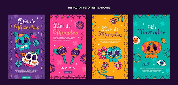 Handgezeichnete flache dia de muertos instagram geschichtensammlung