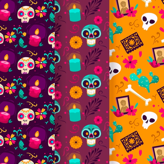 Handgezeichnete flache dia de muertos Mustersammlung