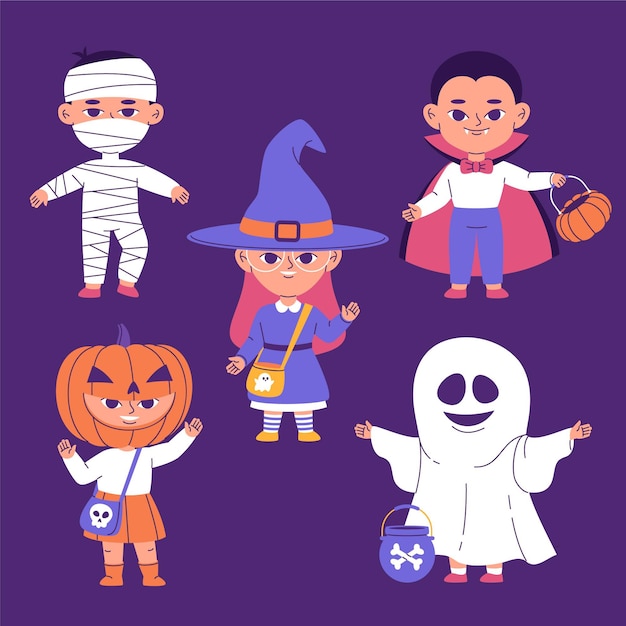 Vektor handgezeichnete flache halloween-kinderkollektion in kostümen