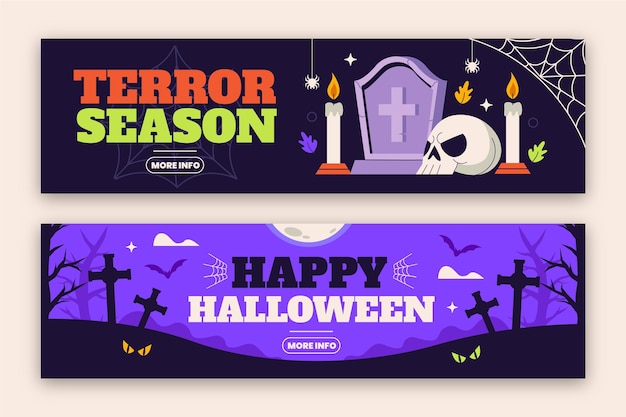 Vektor handgezeichnete flache horizontale halloween-banner-set