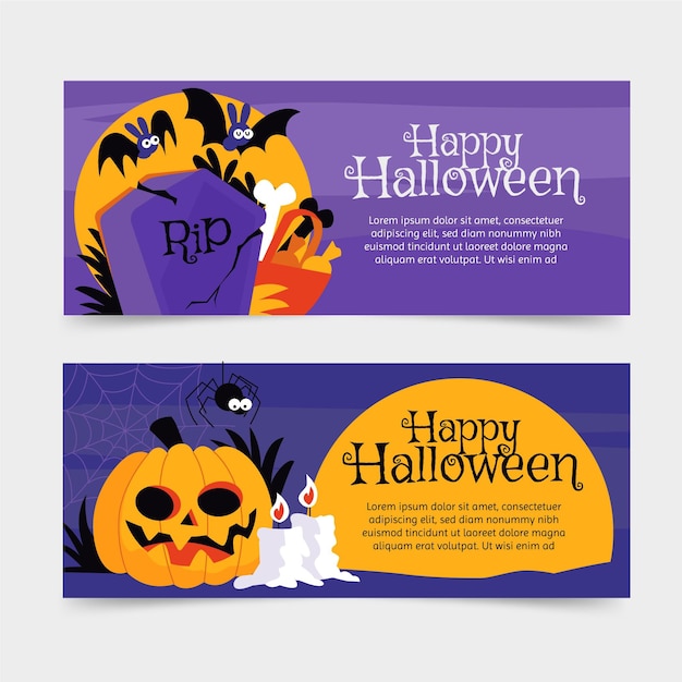 Handgezeichnete flache horizontale halloween-banner-set