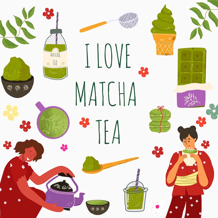 Vektor handgezeichnete flache matcha-tee-illustration mit text
