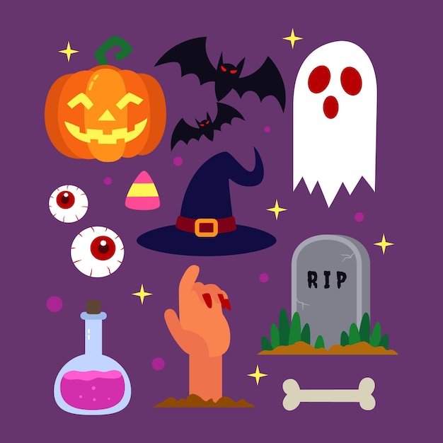 Handgezeichnete flache Sammlung von Halloween-Elementen