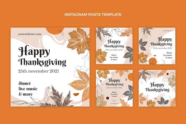 Handgezeichnete flache Thanksgiving-Instagram-Posts-Sammlung