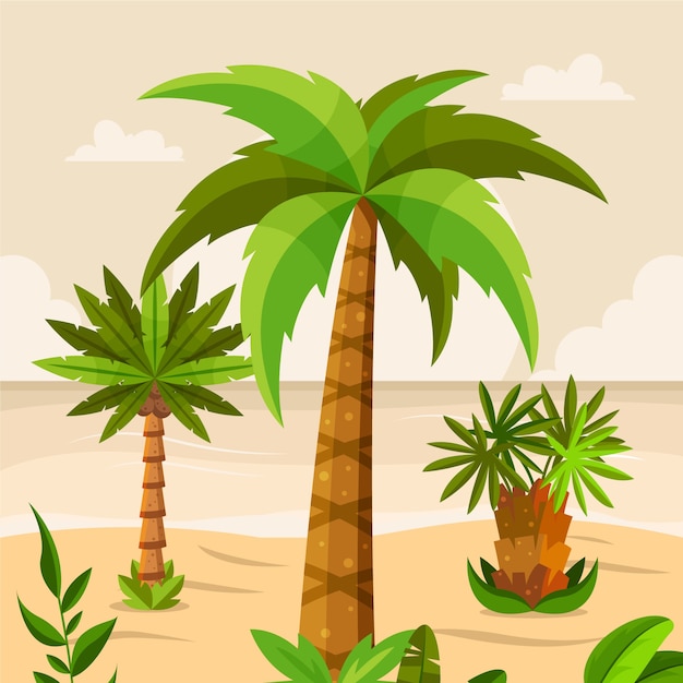 Handgezeichnete, flache tropische palmenillustration auf küste-hintergrund