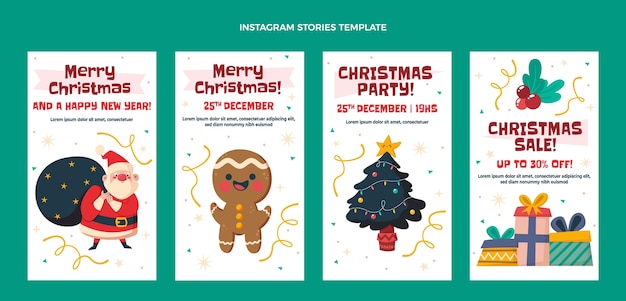 Handgezeichnete flache Weihnachts-Instagram-Geschichten-Sammlung