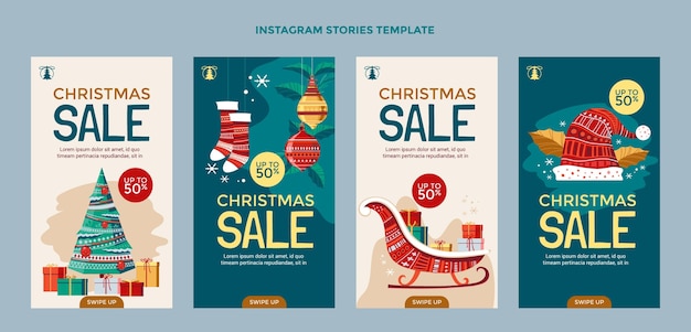 Handgezeichnete flache Weihnachts-Instagram-Geschichten-Sammlung