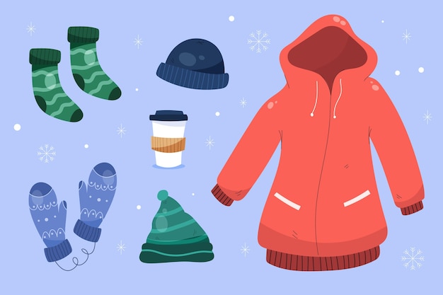 Vektor handgezeichnete flache winterkleidung und essentials-kollektion