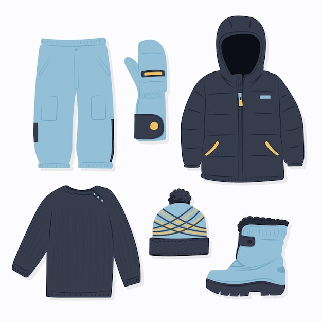 Vektor handgezeichnete flache winterkleidung und essentials-kollektion