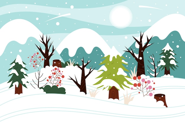 Handgezeichnete flache winterlandschaft