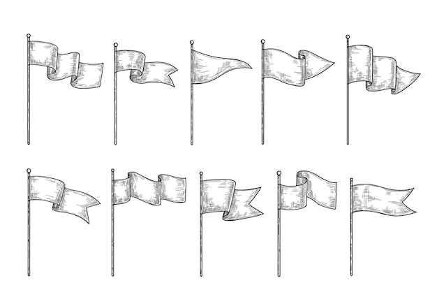 Handgezeichnete flaggen skizzieren sie wehenden stoff auf der stange verschiedene flaggengravurformen mit wellen leeren isolierten vektorsatz