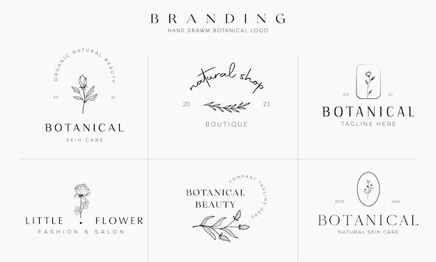 Handgezeichnete florale botanische logo-illustrationssammlung für natürlichen organischen premium-vektor der schönheit