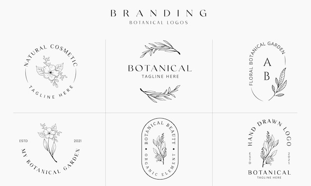 Vektor handgezeichnete florale botanische logo-illustrationssammlung für natürlichen organischen premium-vektor der schönheit