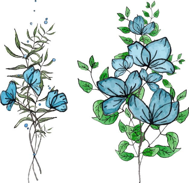 Handgezeichnete florale Elemente und Bouquet-Kollektion Aquarell und Liner