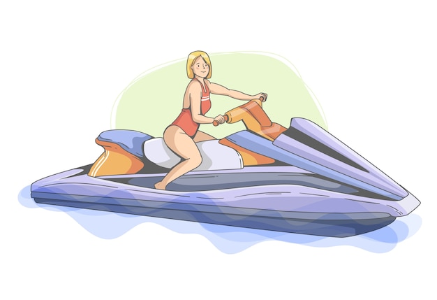 Handgezeichnete frau auf jet-ski-illustration