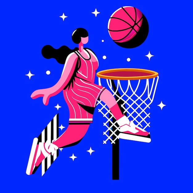 Handgezeichnete frau, die basketball spielt, vektorillustration