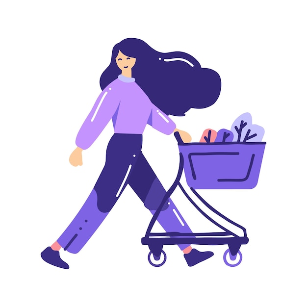 Handgezeichnete Frau mit Einkaufswagen im flachen Stil