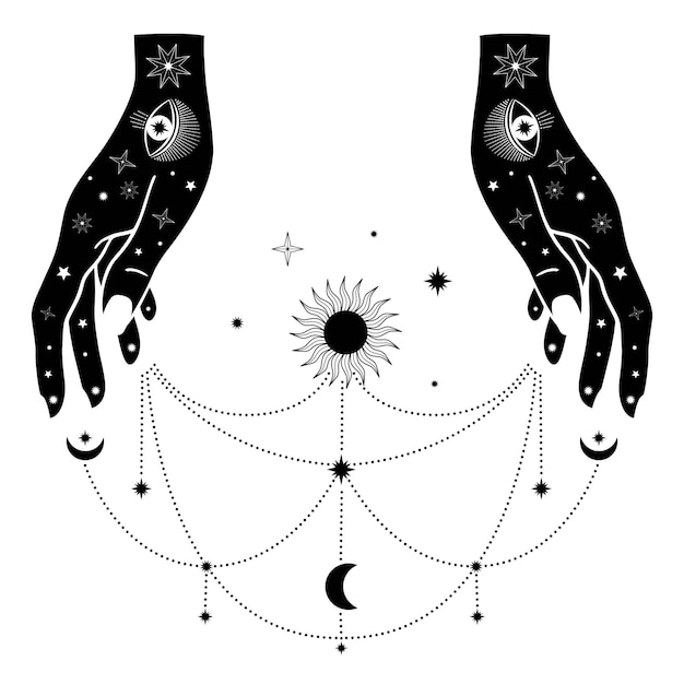 Vektor handgezeichnete frauenhände mit sonne, mond, auge und sternen in strichzeichnungen. himmlischer raum des spirituellen symbols. magischer talisman, antiker stil, boho, tätowierung, logo. vektor-illustration isoliert auf weißem hintergrund