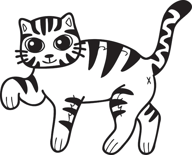 Handgezeichnete gehende gestreifte katzenillustration im gekritzelstil