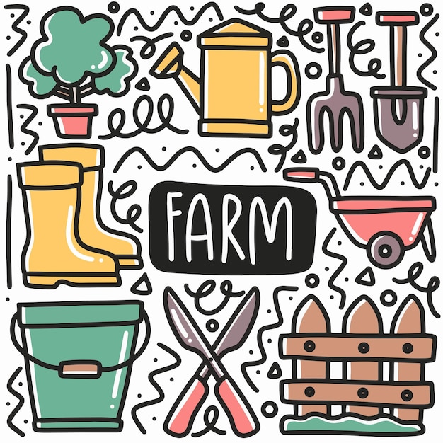 Handgezeichnete gekritzel der landwirtschaftlichen ausrüstung, gesetzt mit ikonen und designelementen