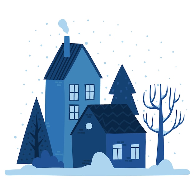 Vektor handgezeichnete gemütliche winterlandschaft mit niedlichen kleinen häusern, bäumen und sträuchern