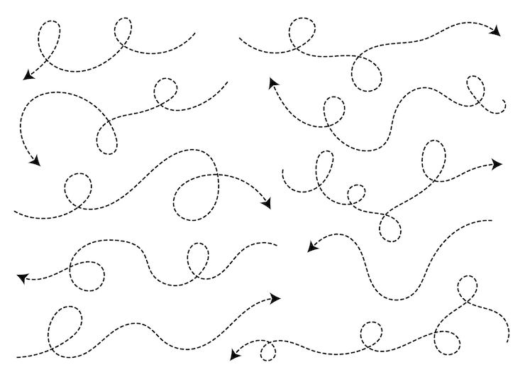 Vektor handgezeichnete gepunktete pfeilform gekrümmte pfeillinie sammlung von pfeilsymbolen vektorillustration isoliert auf weißem hintergrund