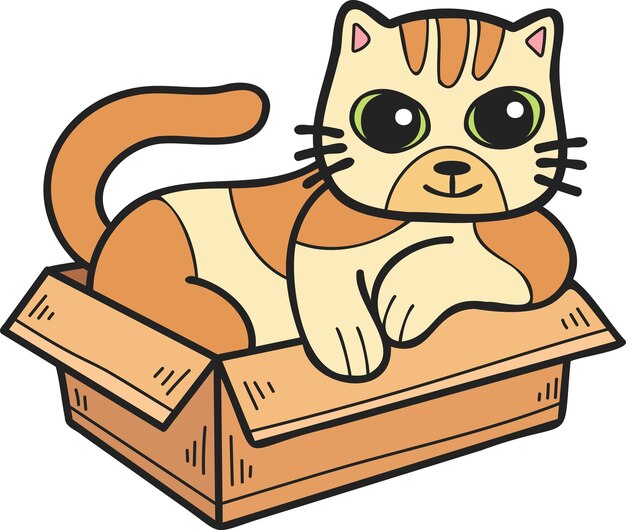 Handgezeichnete gestreifte katze in box-illustration im doodle-stil