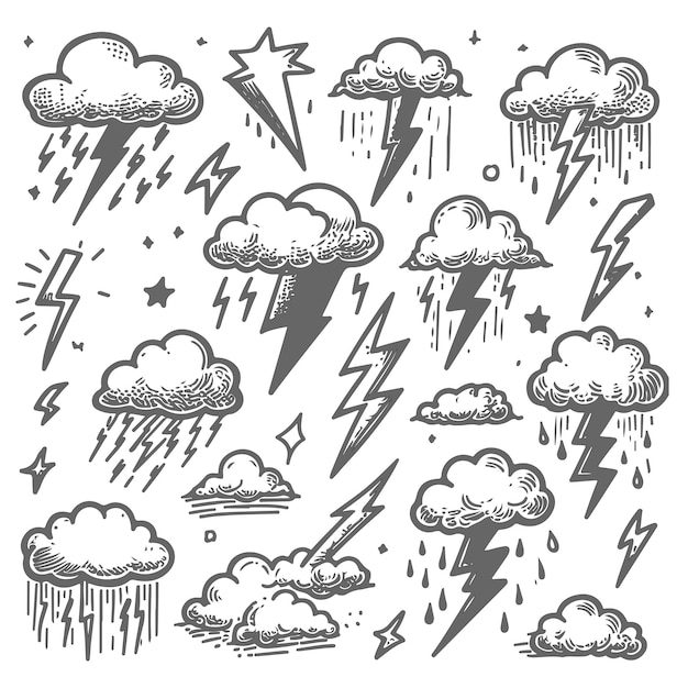 Handgezeichnete Gewitter-Ikonen auf weißem Hintergrund