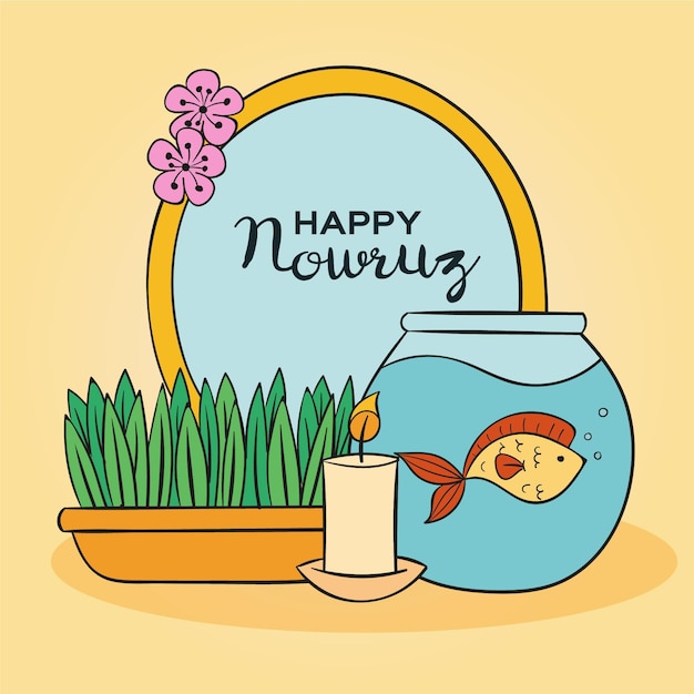 Handgezeichnete glückliche nowruz illustration mit spiegel und kerze