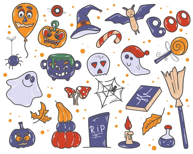 Handgezeichnete grafische Elemente von Halloween-Kürbisgeist, Spinnennetz, Besen, Kerze, Grab, Süßigkeiten, Fledermaus und