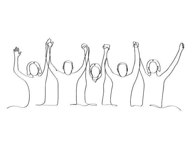 Handgezeichnete gruppe von menschen, die die hände zusammenhalten und in die luft heben, um eine durchgehende linie zu feiern
