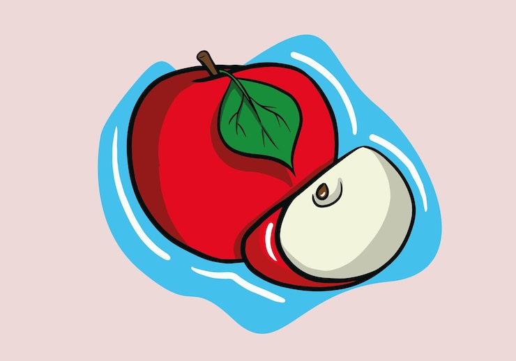Vektor handgezeichnete helle vektorillustration von bunten halben und ganzen saftigen äpfeln. frischer cartoon-apfel