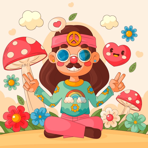 Vektor handgezeichnete hippie-cartoon-illustration