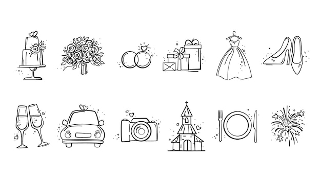 Handgezeichnete Hochzeitssymbole Set Hochzeit Braut Liebesfeier Timeline-Menü zum Thema Hochzeit