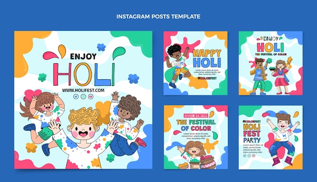 Handgezeichnete Holi Instagram Posts Sammlung