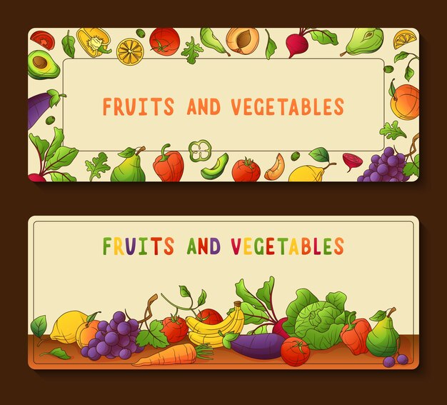 Handgezeichnete Horizontal-Banner-Vorlagen für Bio-Lebensmittel mit Obst und Gemüse