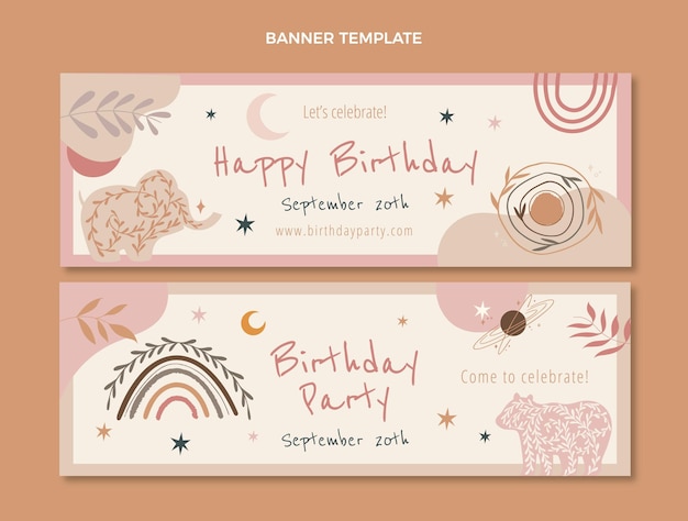 Handgezeichnete horizontale banner zum boho-geburtstag