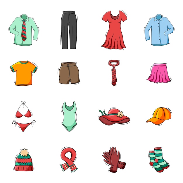 Handgezeichnete icons set aus kleidung und accessoires im doodle-sketch-stil