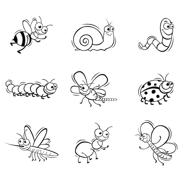 Vektor handgezeichnete ikonen-set von niedlichen insekten im doodle-skizzenstil