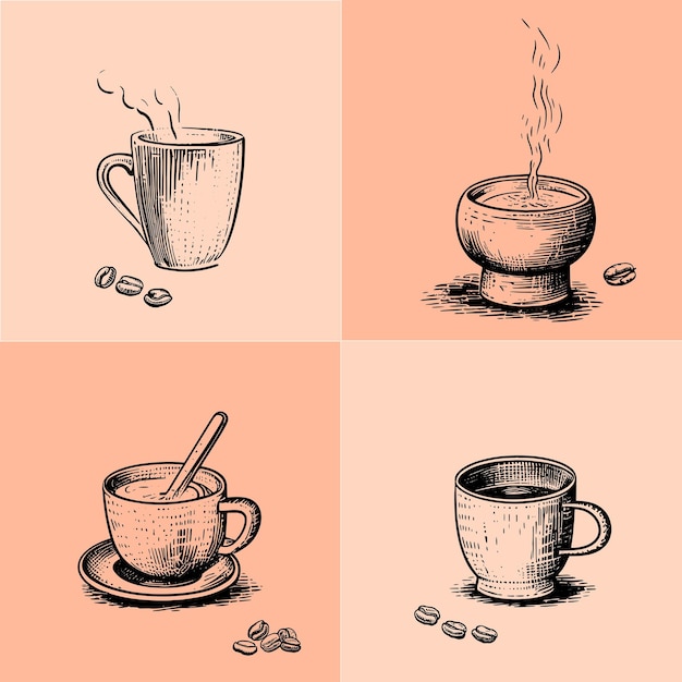 Handgezeichnete illustration der kaffeetassen-sammlung. holzschnitt-radierung