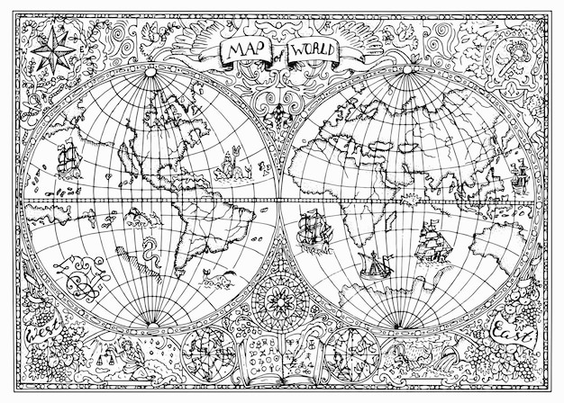 Vektor handgezeichnete illustration eines alten atlas-weltkarten mit mystischen symbolen