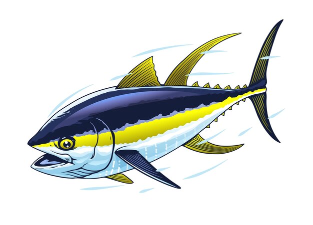 Vektor handgezeichnete illustration eines gelbflossen-tuna-fisches in schnellbewegung