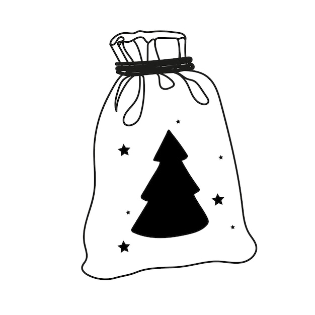 Vektor handgezeichnete illustration eines geschenks zum feiern von neujahr und weihnachten in einer geschenktüte mit kritzeleien, weihnachtsbaum mit sternen