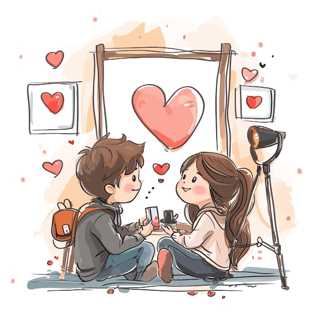 Handgezeichnete Illustration eines niedlichen Paares, das einen Moment mit Herzelementen um sich herum teilt
