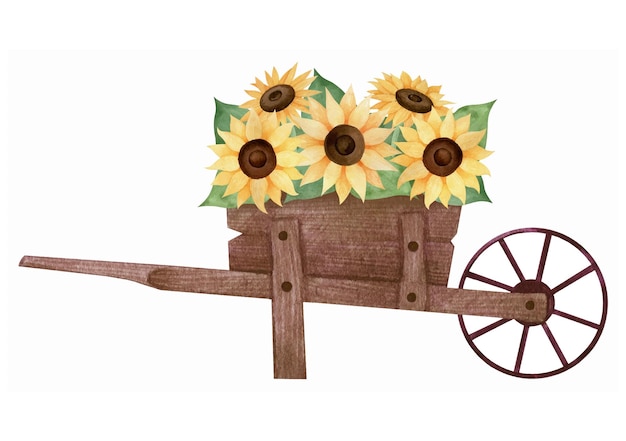 Handgezeichnete Illustration eines Vintage-Holzwagens mit Sonnenblumen